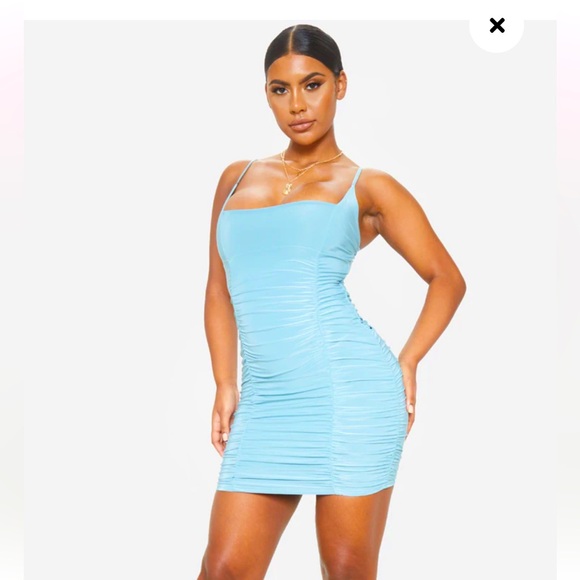 Pretty little things  Turquoise Slinky Strappy Ruched Side Detail Bodycon Dress - Picture 1 of 5
